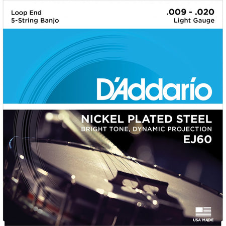 D'ADDARIO EJ60 5-String Banjo, Nickel Wound, Loop End, 9-20 Light